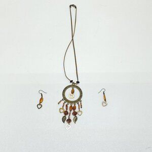 Bohemian Ethnic Style Necklace & Earrings Heart Charm Leaf Accents Antique-Brass
